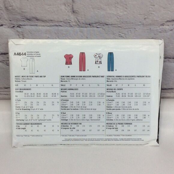 Simplicity Sewing Pattern A4644 Scrubs Unisex Pants/Top Uncut Sizes XS-XL - Picture 3 of 3